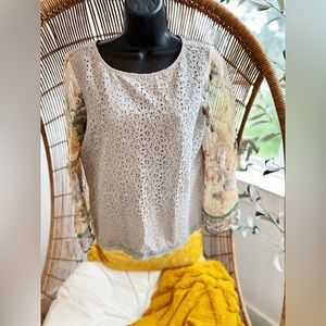 Sundance Mixed Media Silk Lace Blouse Beige Floral Size Small